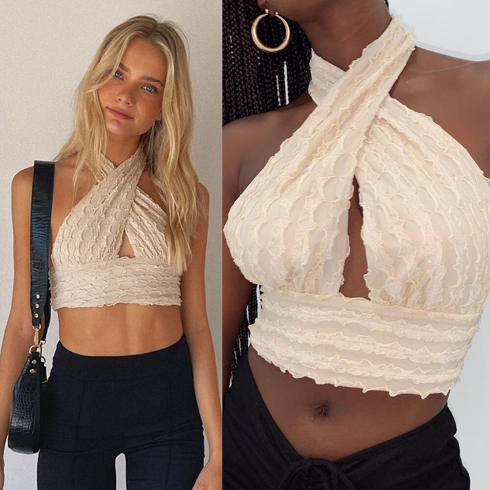 Princess Polly Chayse Ruffle Halter Top Beige